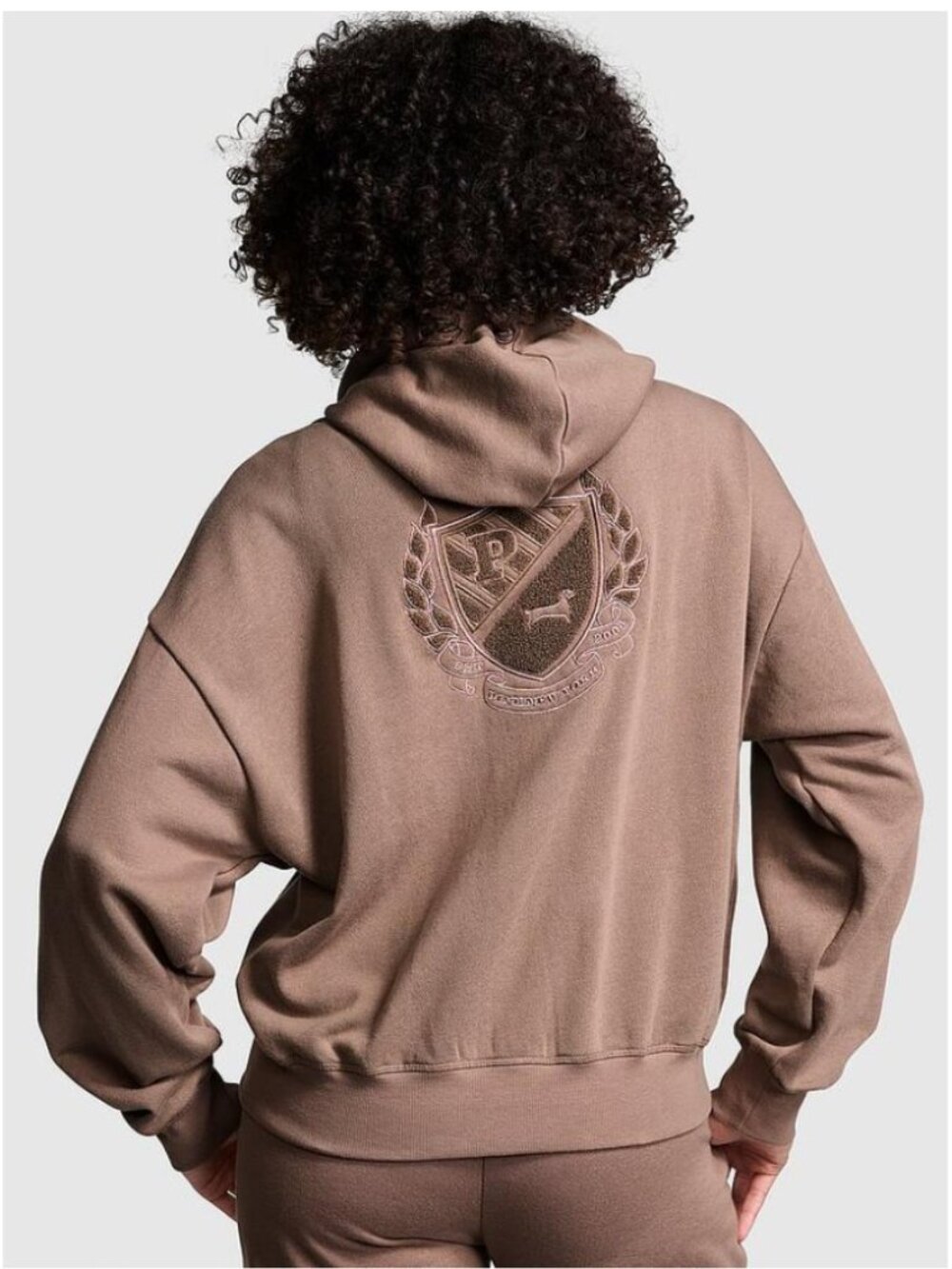 PINK Victoria's Secret Ivy Fleece Campus Full Zip Hoodie Taupe Brown Large NWT - Picture 2 of 11